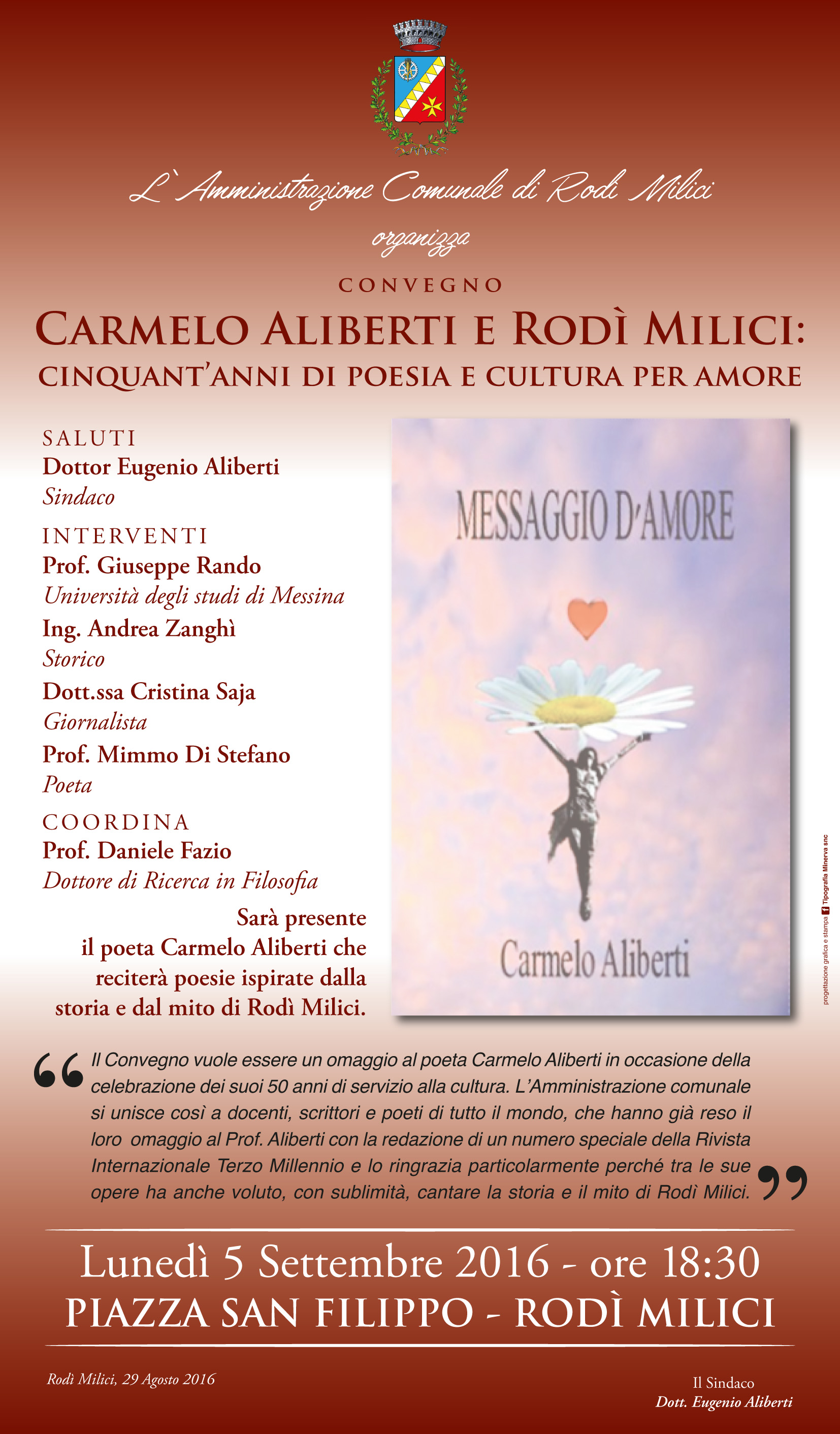 Rodì Milici. Convegno con il prof. Carmelo Aliberti “Cinquant’anni di poesia e cultura per amore”