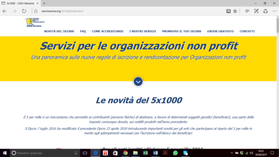 Novità del 5 per mille, pagina del sito del CESV Messina interamente dedicata