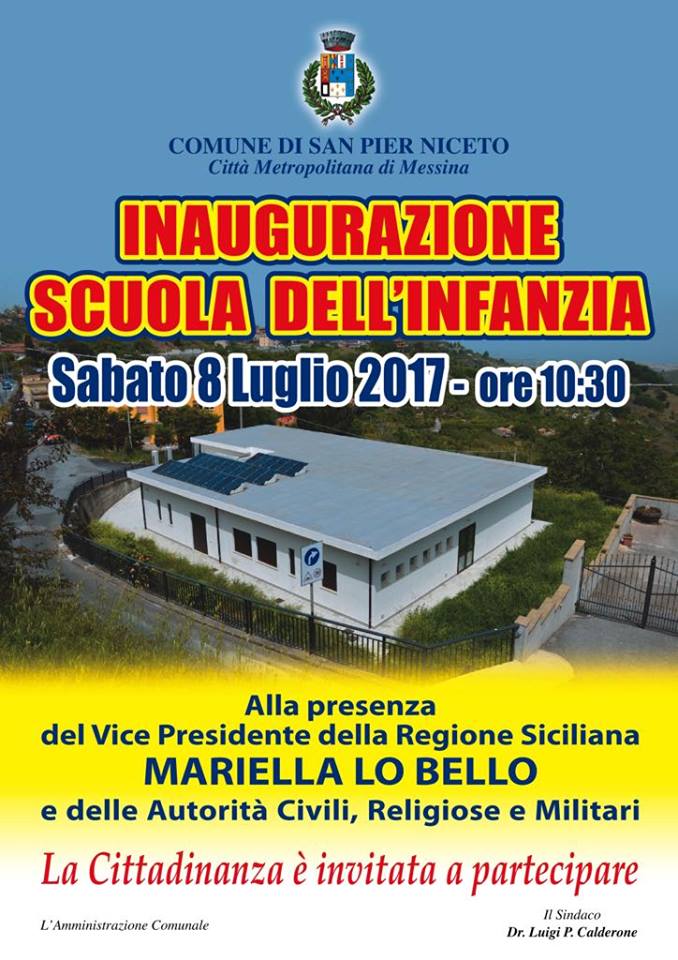 San Pier Niceto inaugura oggi la Scuola dell’Infanzia, presente la vice-presidente regionale Mariella Lo Bello