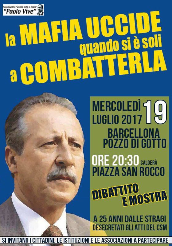 Barcellona. A 25 dalla strage, l’omaggio a Paolo Borsellino dall’Amministrazione e l’Associazione ‘Paolo Vive’