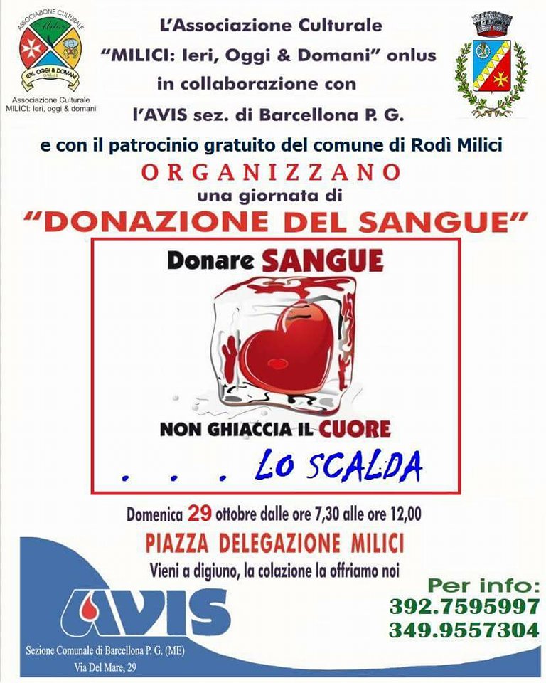 Rodì Milici. Giornata di donazione per i malati: “Donare il sangue, non ghiaccia il cuore”