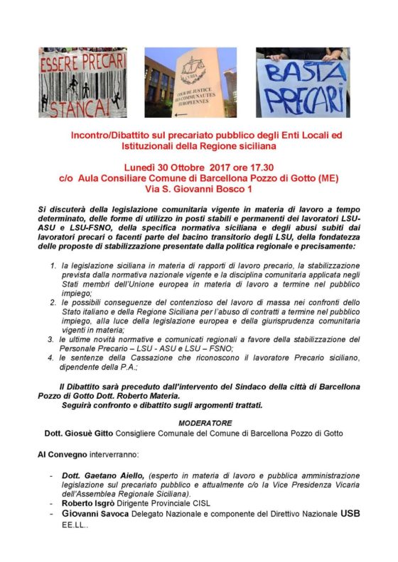 Barcellona PG. Incontro-Dibattito sul precariato pubblico degli Enti Locali ed Istituzionali della Regione siciliana