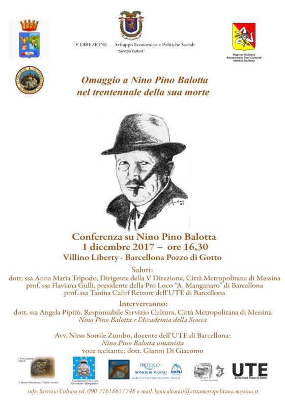 Barcellona PG. Doppia conferenza su attività artistica di Nino Pino Balotta al Villino Liberty. Primo incontro sull’attività letteraria e poetica, venerdì 1 dicembre