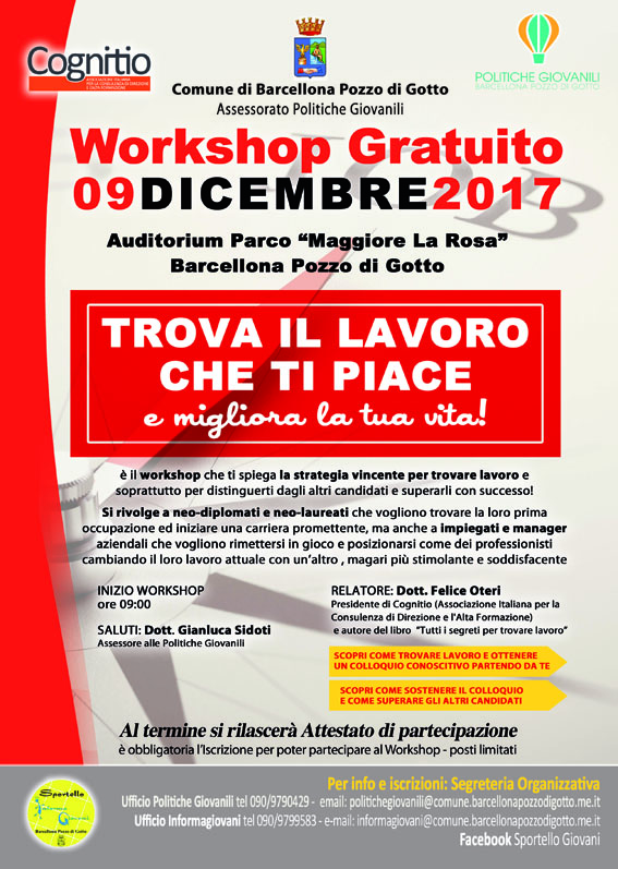 Barcellona PG. Primo workshop: “Trova il lavoro che ti piace e migliora la tua vita”