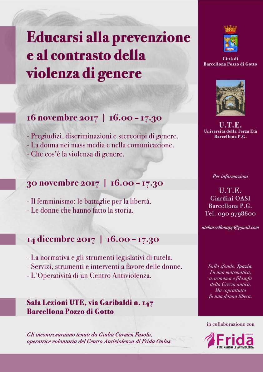 Barcellona PG. All’Ute Il primo dei tre seminari “Educarsi alla prevenzione e al contrasto della violenza di genere”.