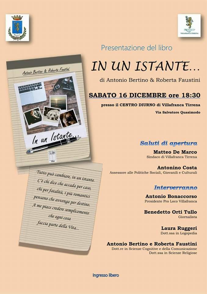 Cultura. La presentazione a Villafranca Tirrena del romanzo “In un istante…” di Antonio Bertino e Roberta Faustini