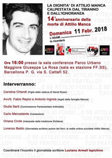 Barcellona PG. Incontro-dibattito ”La dignità di Attilio Manca calpestata dal tiranno e dall’ignoranza”