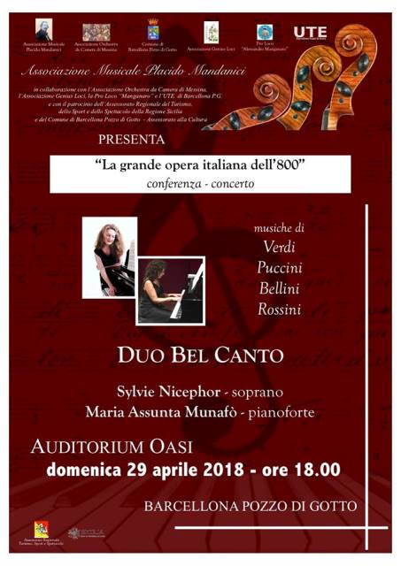 Barcellona PG. La conferenza-concerto “Duo Bel Canto” con Sylvie Nicephor e Maria Assunta Munafò