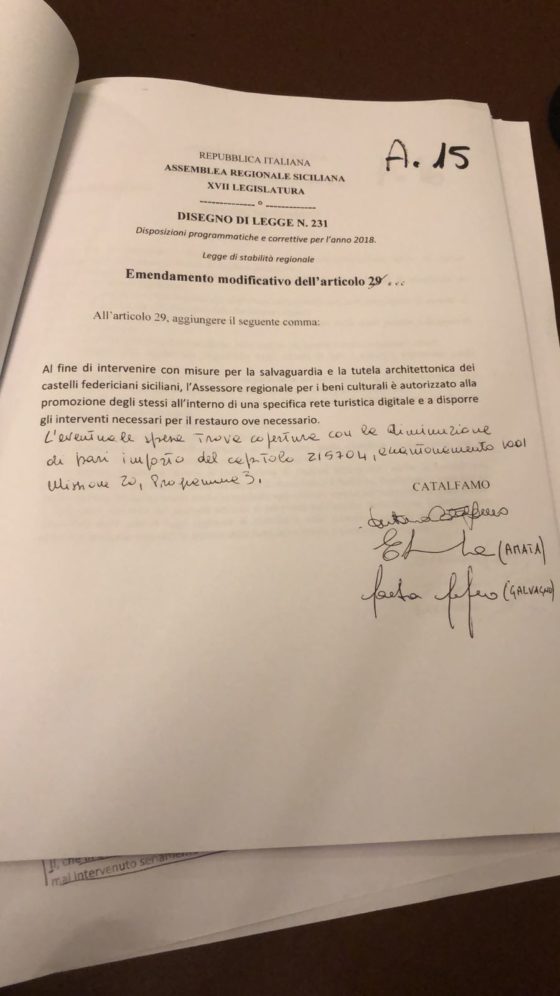 Regione. On. Catalfamo presenta emendamento sui castelli federiciani, promosso in commissione cul