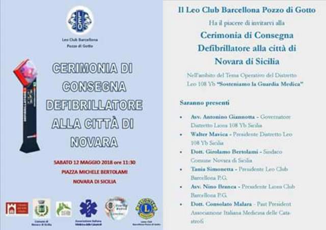 Novara di Sicilia. Il Leo Club di Barcellona P.G. dona un defibrillatore alla comunità novarese