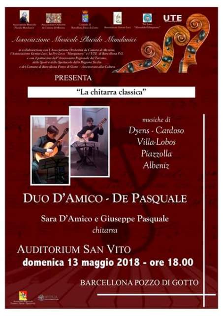 Barcellona PG. Il concerto del Duo D’Amico/De Pasquale all’Auditorium San Vito