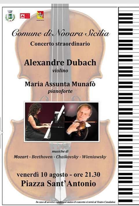 Novara di Sicilia. Concerto del celebre violinista Alexandre Dubach con Maria Assunta Munafò