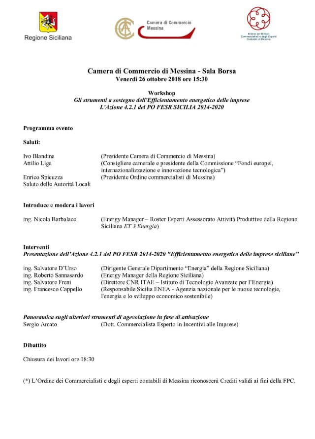 Imprese. Incontro a Messina su “Strumenti a sostegno dell’efficientamento energetico” con l’Azione 4.2.1 del PO FESR