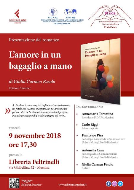 Messina. La scrittrice-editrice Giulia Carmen Fasolo presenta il proprio romanzo “L’amore in un bagaglio a mano”