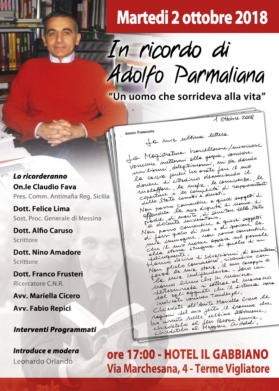 Terme Vigliatore. “In ricordo di Adolfo Parmaliana, uomo che sorrideva alla vita”, X° anniversario in ricordo dell’ impegno politico-sociale e civico contro mafia e illegalità