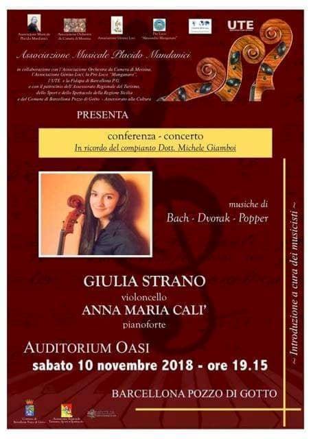 Barcellona PG. La violoncellista Giulia Strano in concerto in memoria del Dott. Michele Giamboi