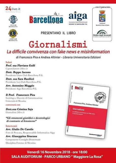 Barcellona PG. Tavola rotonda sul libro “Giornalismi – La difficile convivenza con fake news e misinformation” di Francesco Pira e Andrea Altinier