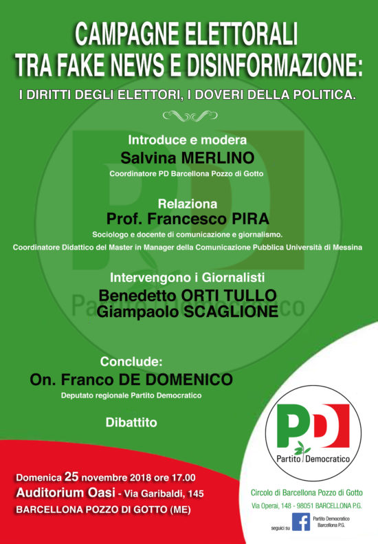 Barcellona PG. Circolo del PD, organizza convegno su “Campagne elettorali tra fake news e disinformazione” presente il sociologo Francesco Pira