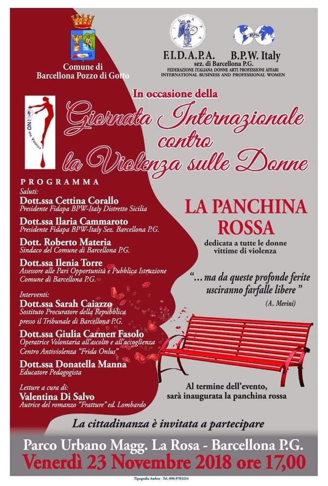 Barcellona PG. Convegno e inaugurazione della Panchina Rossa per la Giornata Internazionale contro la Violenza sulle Donne