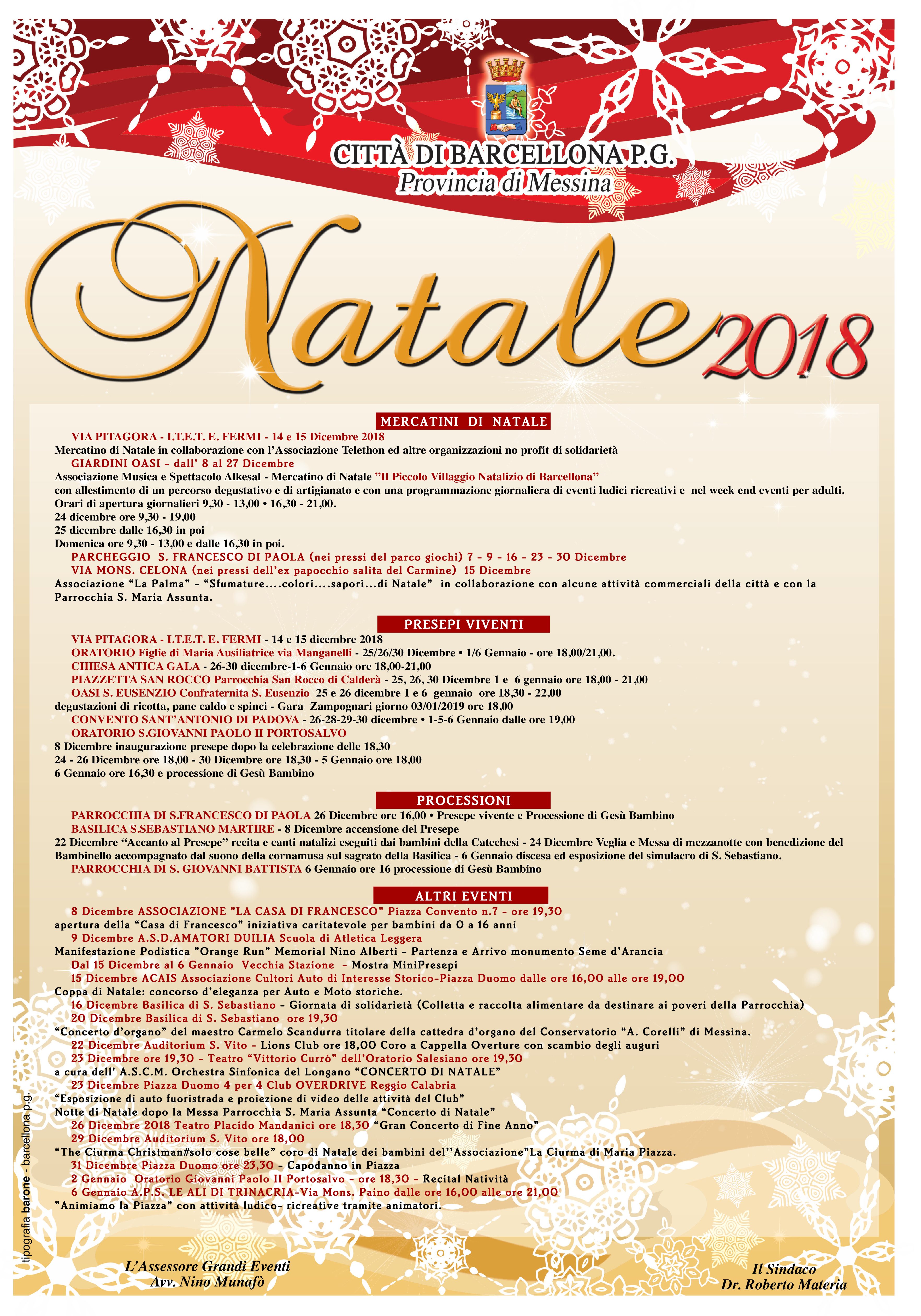 Barcellona PG. Comune, il programma delle festività natalizie 2018-2019