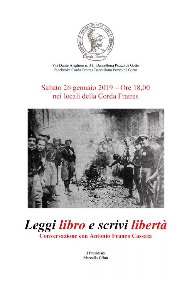 Barcellona PG. L’ evento “Leggi libro e scrivi libertà” con Antonio Franco Cassata alla Corda Fratres