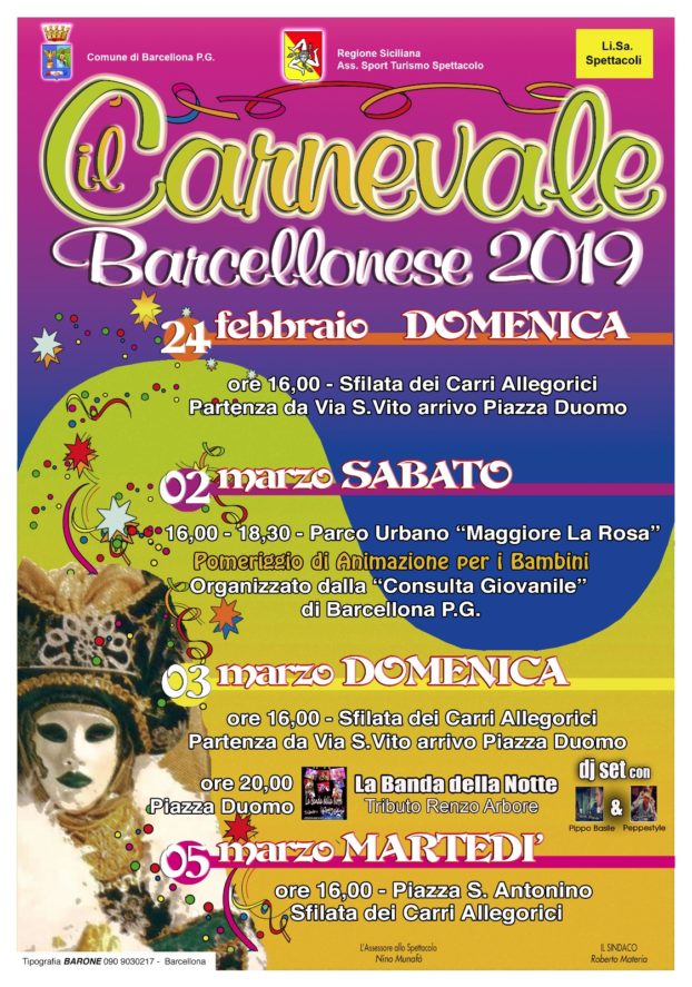 Barcellona PG. ‘Carnevale 2019’, al via da domenica 24 al 5 marzo tra carri allegorici, animazione e musica. Munafò: “Plauso ai gruppi per voglia di fare e animare città”