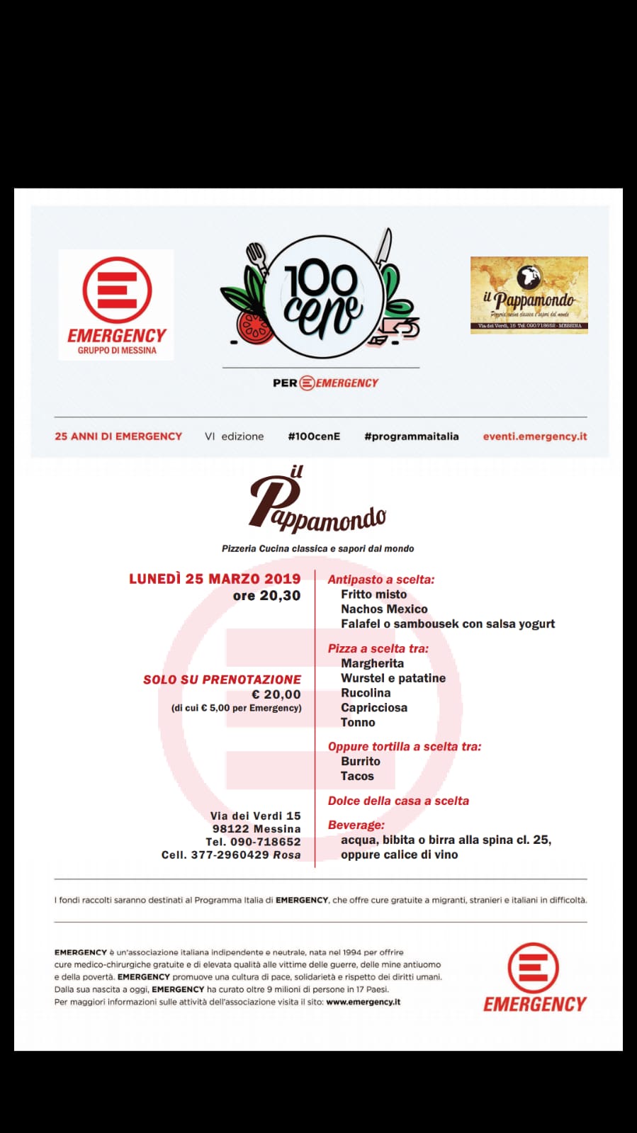 Messina. #100Cene per Emergency, ritorna l’iniziativa di #foodraising del Programma Italia