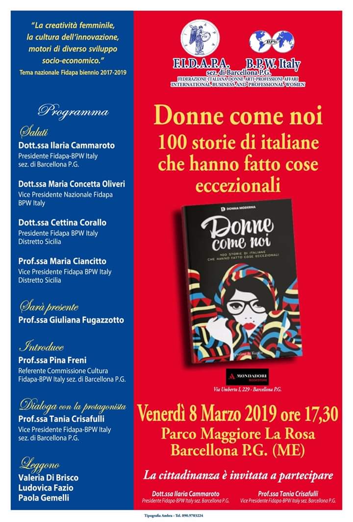 Barcellona PG. La Fidapa presenta il libro “Donne come noi” al Parco Urbano