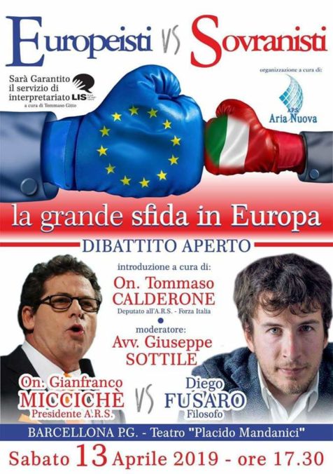 Barcellona PG. Il dibattito “Europeisti vs. Sovranisti”, Gianfranco Miccichè e Diego Fusaro al Teatro Mandanici 