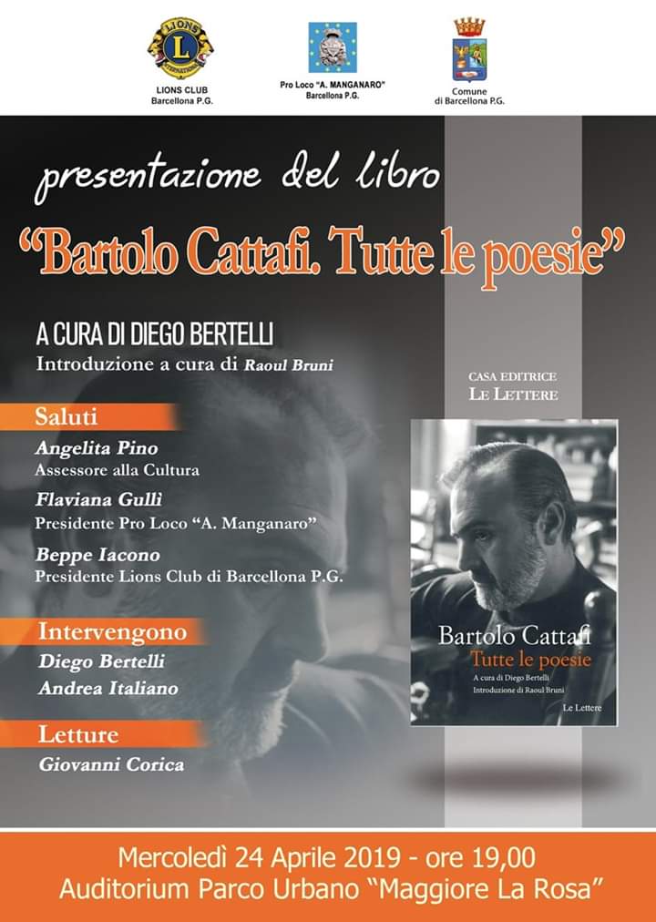Barcellona PG. La presentazione del libro “Bartolo Cattafi. Tutte le poesie” di Diego Bertelli al Parco Urbano