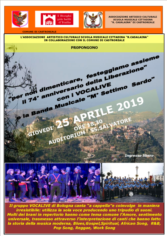Castroreale. La Festa della Liberazione 2019 nell’antico borgo con i ‘Vocalive’ e Banda “Settimo Sardo”