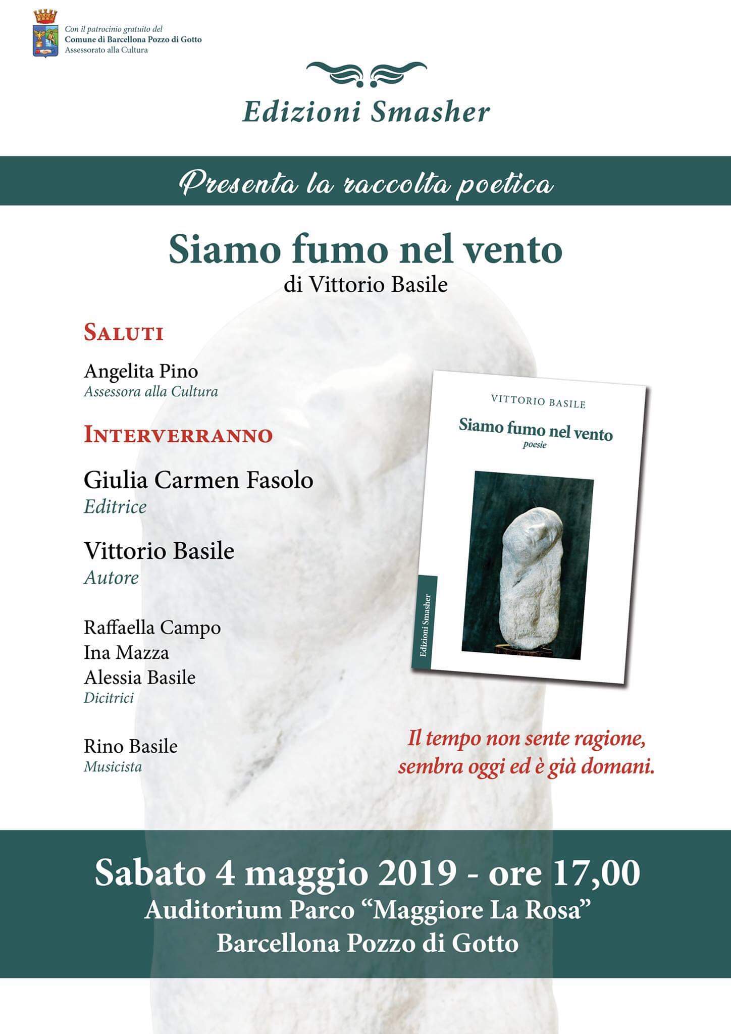 Barcellona PG. Vittorio Basile presenta il suo libro “Siamo fumo nel vento” all’Auditorium del Parco Urbano 