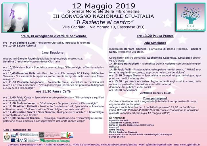 Domenica 12 maggio la Giornata Mondiale della Fibromiagia 2019. Il III Convegno Nazionale CFU-Italia a Castenaso (BO) 