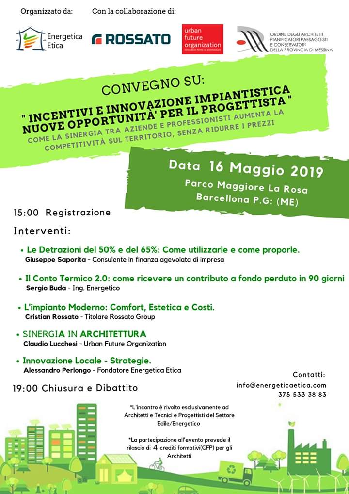 Barcellona PG. Convegno su “Incentivi e Innovazione Impiantistica” all’Auditorium del Parco Urbano “Maggiore La Rosa” 