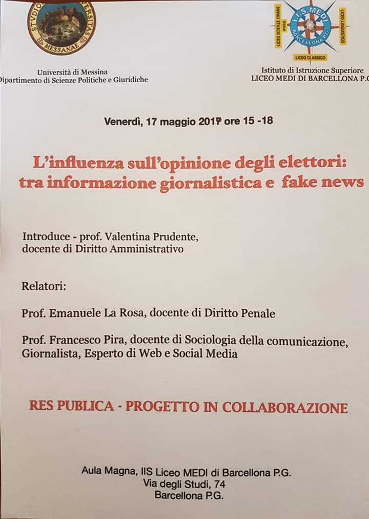 Barcellona PG. Il Convegno “L’influenza sull’opinione degli elettori: tra informazione giornalistica e fake news” all’I.S. Liceo Medi