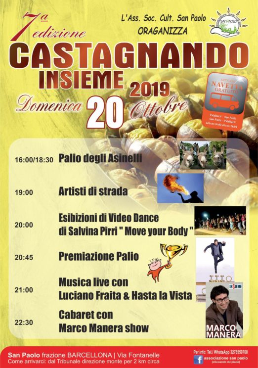 Barcellona PG. “Castagnando Insieme 2019”, al via VII edizione tra tradizione, musica e cabaret. Borgo collinare di San Paolo in festa..