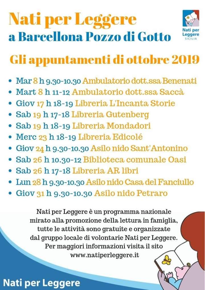 Barcellona PG. Biblioteca Oasi. “NATI per LEGGERE”, gli appuntamenti di ottobre 2019