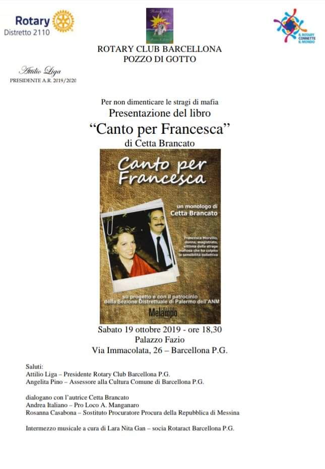 Barcellona PG. Il Rotary Club presenta “Canto per Francesca” di Cetta Brancato a Palazzo Fazio 