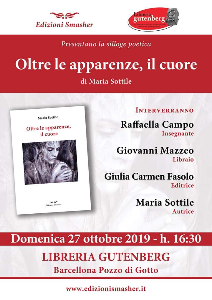 Barcellona PG. Maria Sottile presenta la silloge “Oltre le apparenze, il cuore” (Edizioni Smasher) alla Libreria Gutenberg 