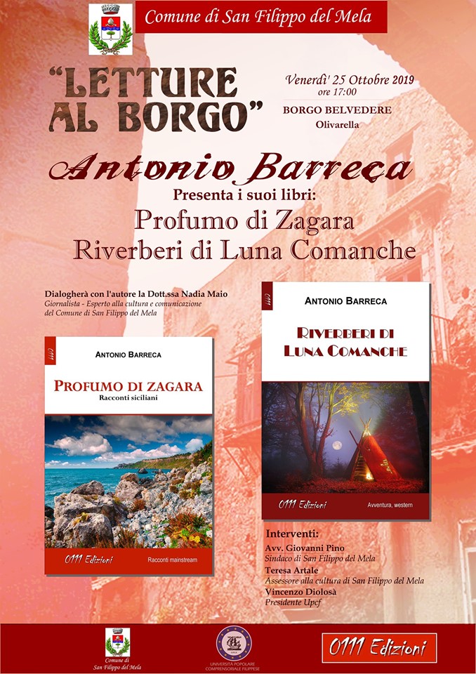 San Filippo Mela. Ciclo incontri “Letture al borgo”, Antonio Barreca presenta “Riverberi di luna Comanche” e “Profumo di Zagara”
