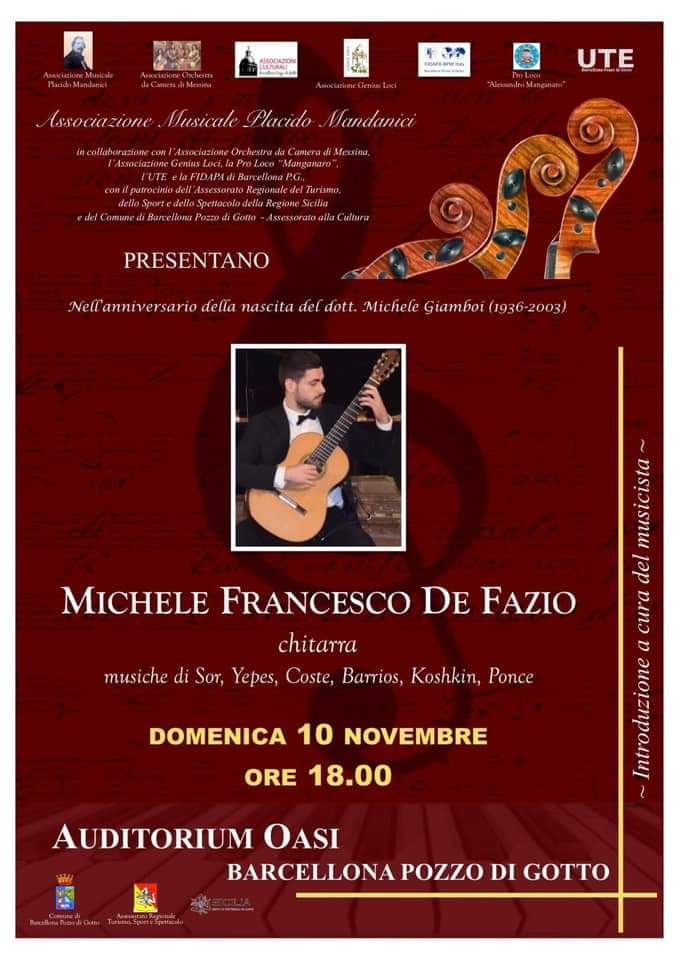 Barcellona PG. “Memorial Dott. Michele Giamboi”, il chitarrista Michele Francesco De Fazio in concerto