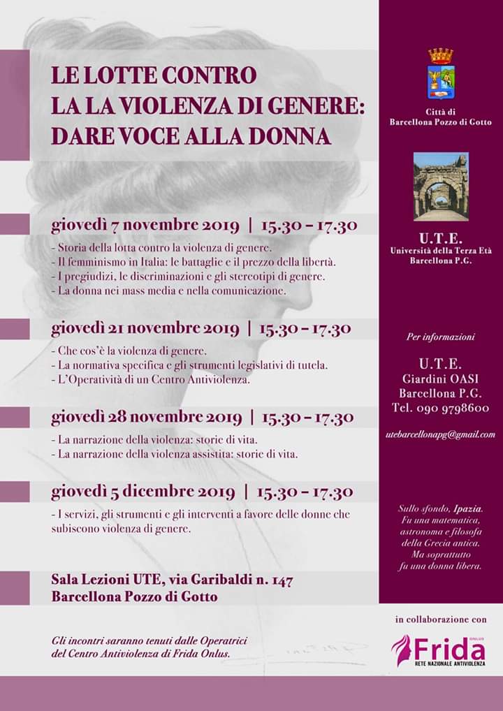 Barcellona PG. Ute, “Dare voce alla donna”, quattro seminari insieme a “Frida Onlus” 