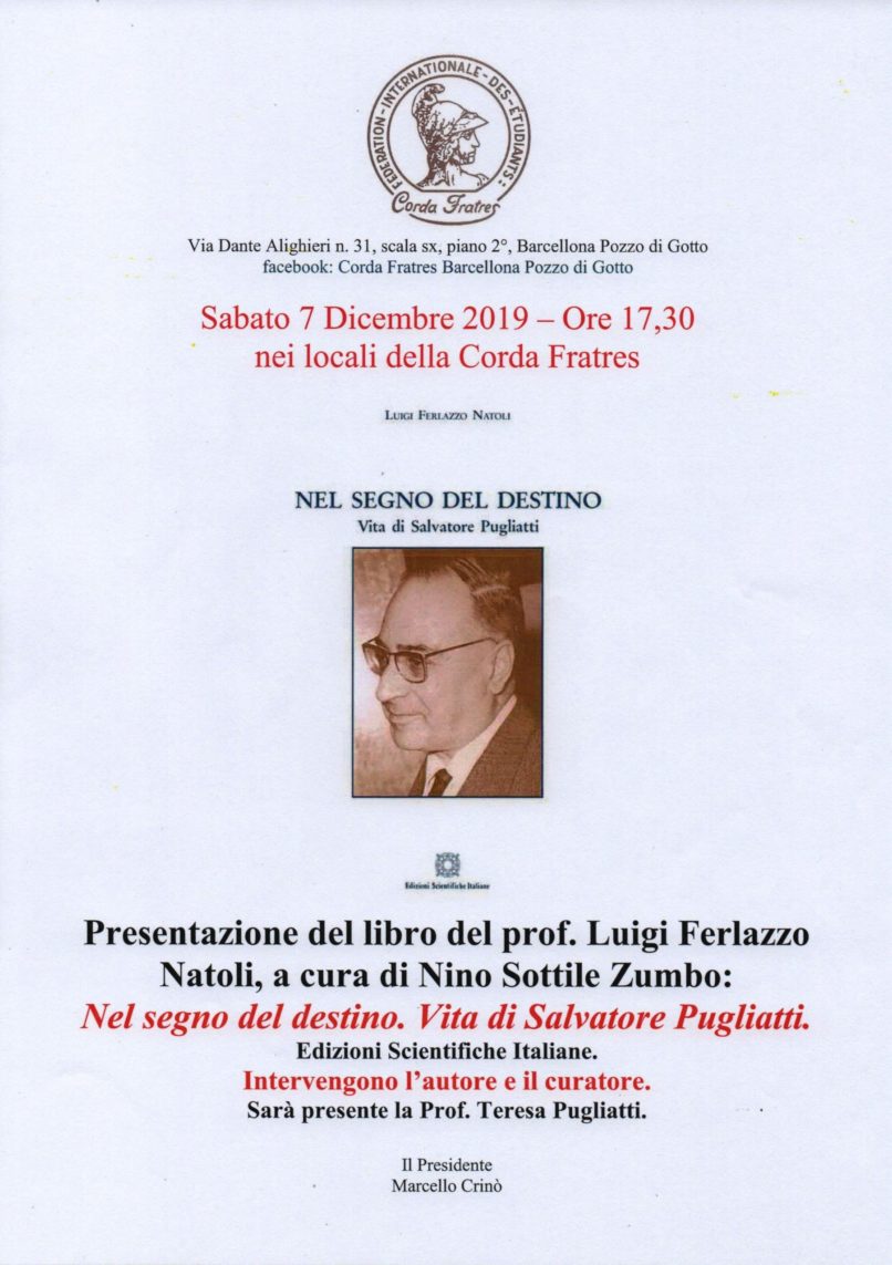 Barcellona PG. Corda Frates, presenta libro sulla vita di Salvatore Pugliatti