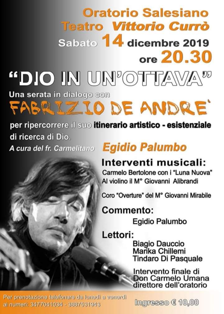 Barcellona PG. L’evento “Dio in un’ottava. Una serata in dialogo con Fabrizio De André” al Teatro dell’Oratorio Salesiano