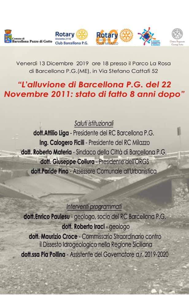 Barcellona PG. Convegno Rotary sull’alluvione del 22 novembre 2011 e sullo stato dei fatti 8 anni dopo