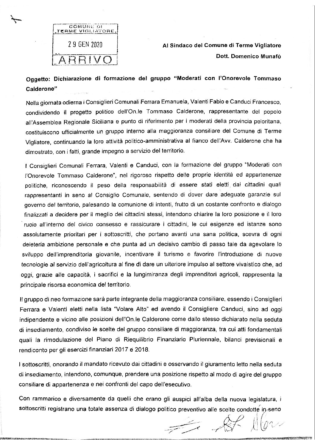 Terme Vigliatore. Consiglio, ufficializzato il gruppo “Moderati con l’Onorevole Tommaso Calderone”