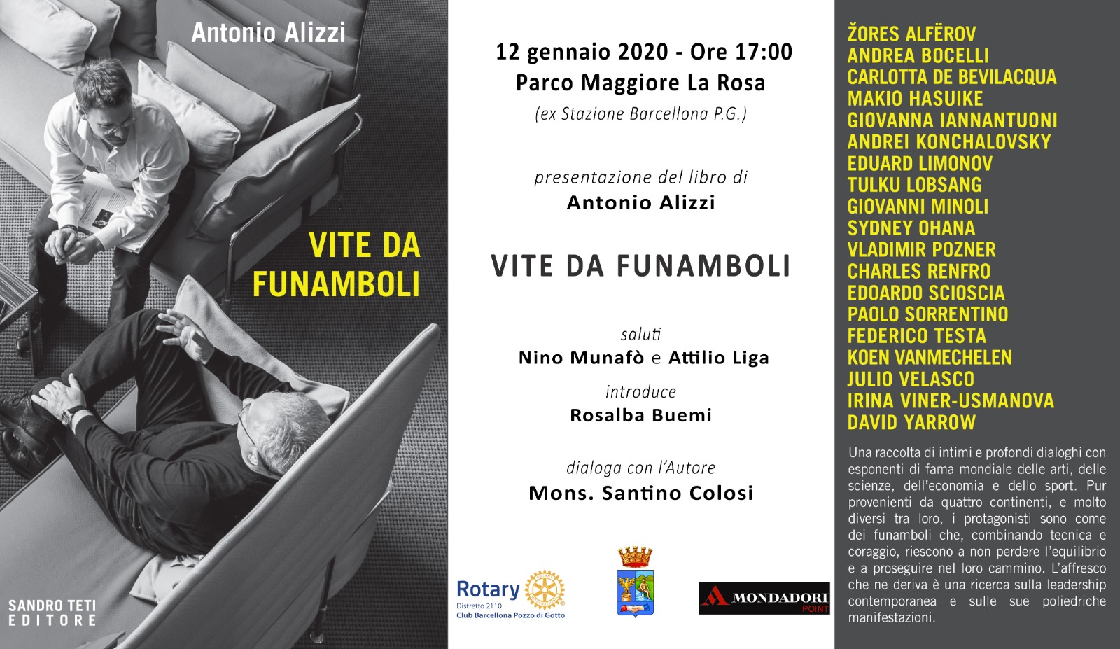 Barcellona PG. Antonio Alizzi presenta “Vite da funamboli” all’Auditorium del Parco “Maggiore La Rosa”