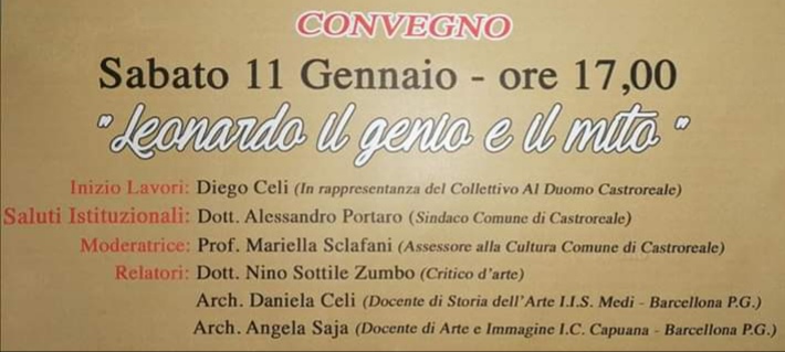 Castroreale. Il Convegno “Leonardo il genio e il mito” al Bar Ristorante “Al Duomo”. La Prof. Angela Saja: “La Cultura come occasione di crescita” 