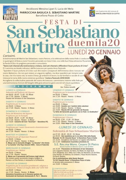 Barcellona PG. La Festa di San Sebastiano 2020. Gli eventi civili e le celebrazioni religiose in onore del Patrono