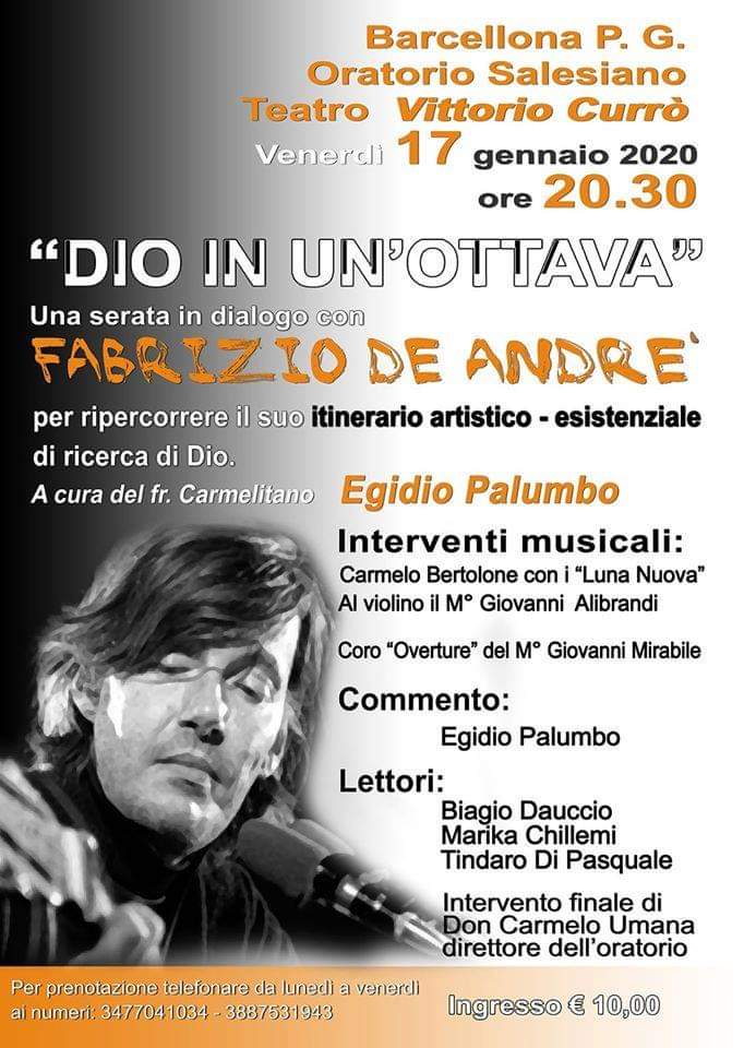 Barcellona PG. L’evento “Dio in un’ottava. Una serata in dialogo con Fabrizio De André” al Teatro dell’Oratorio Salesiano